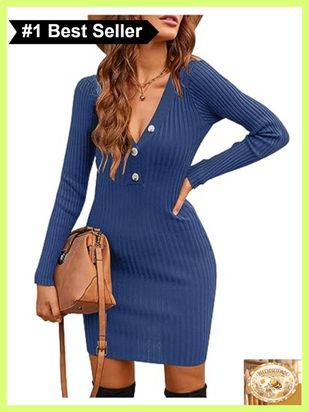 V Neck Long Sleeve Sweater Dress Mini Bodycon Pull On Fall Winter